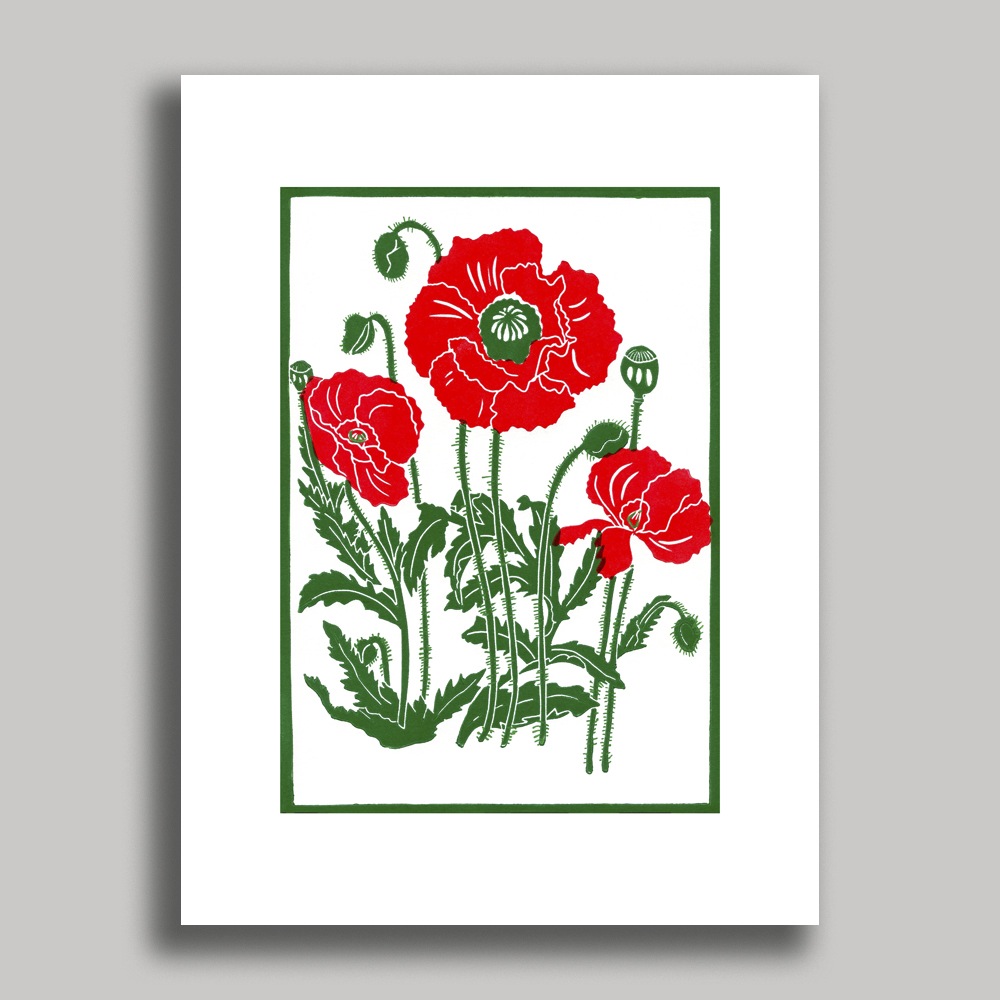 Original Linocut Print Poppies